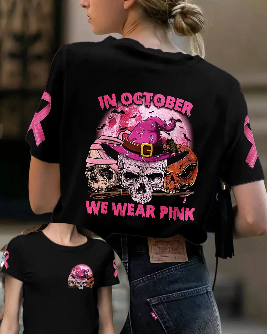 Skull Hat Halloween Breast Cancer Tee