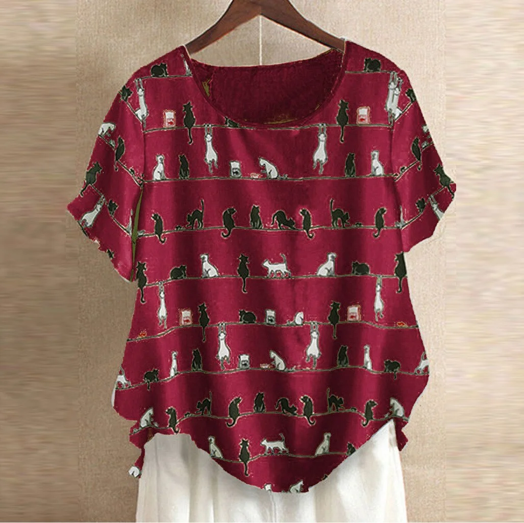 Plus Size Fashion Cotton Linen Blouse Shirt Cute Cat Print Tops Casual Summer Ladies Female Women Short Sleeve Blusas Pullover