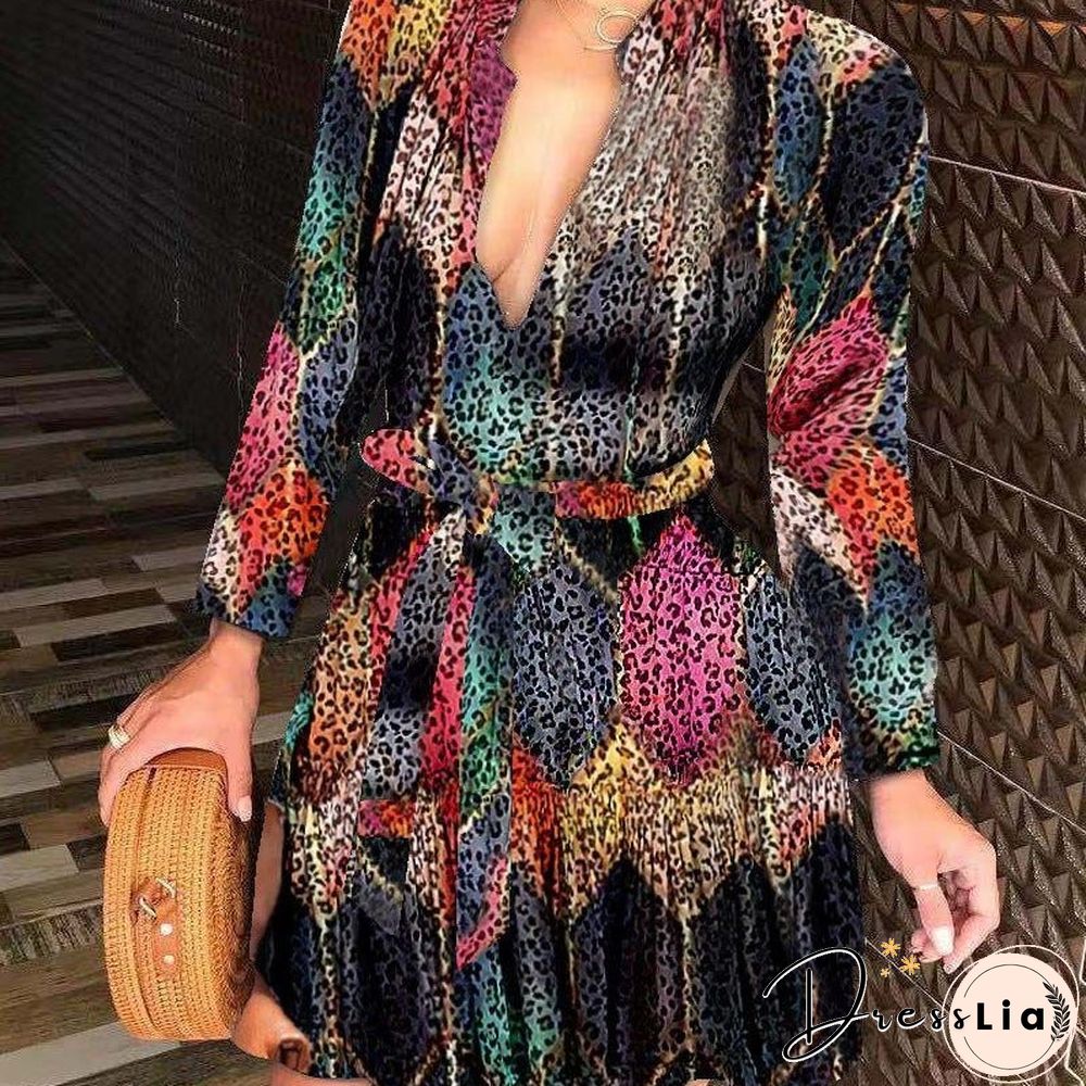 Autumn and Winter New Long Sleeve V-neck Bandage Fashion Sexy Printed Dress