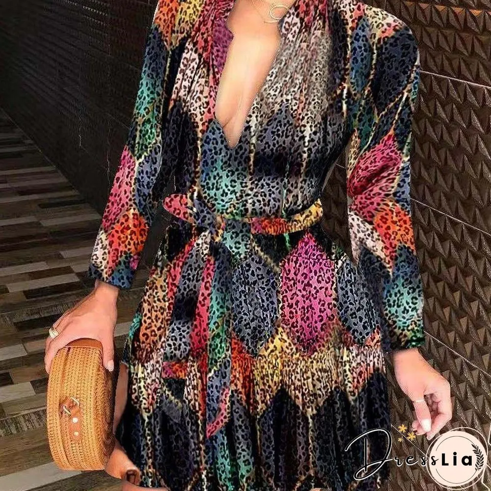 Autumn and Winter New Long Sleeve V-neck Bandage Fashion Sexy Printed Dress