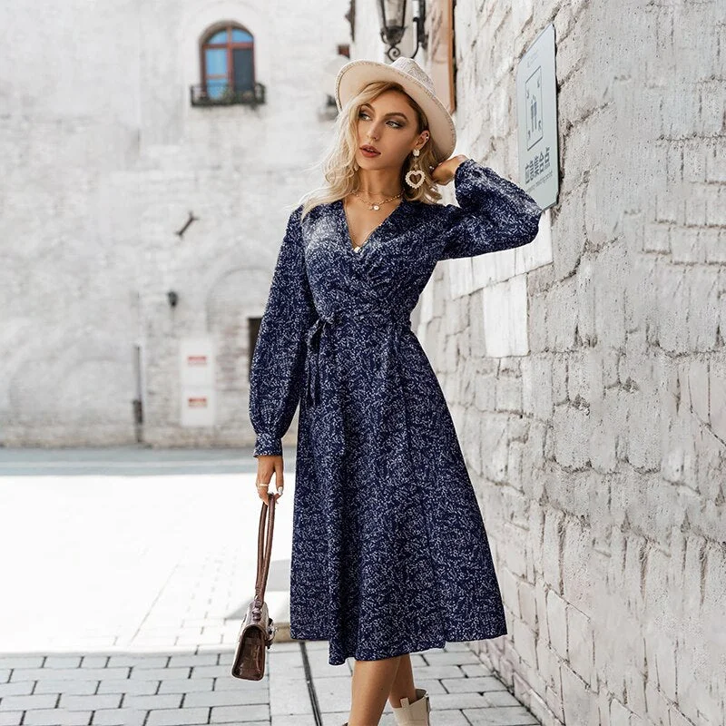 Simplee Holiday satin v-neck lace up floral print women dress Sash lantern sleeves split maxi vestidos A-line beach wrap dresses