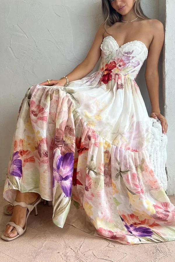 Romantic Date Floral Ruffle Detail Pocketed Corset Maxi Formal / Vacation Dress