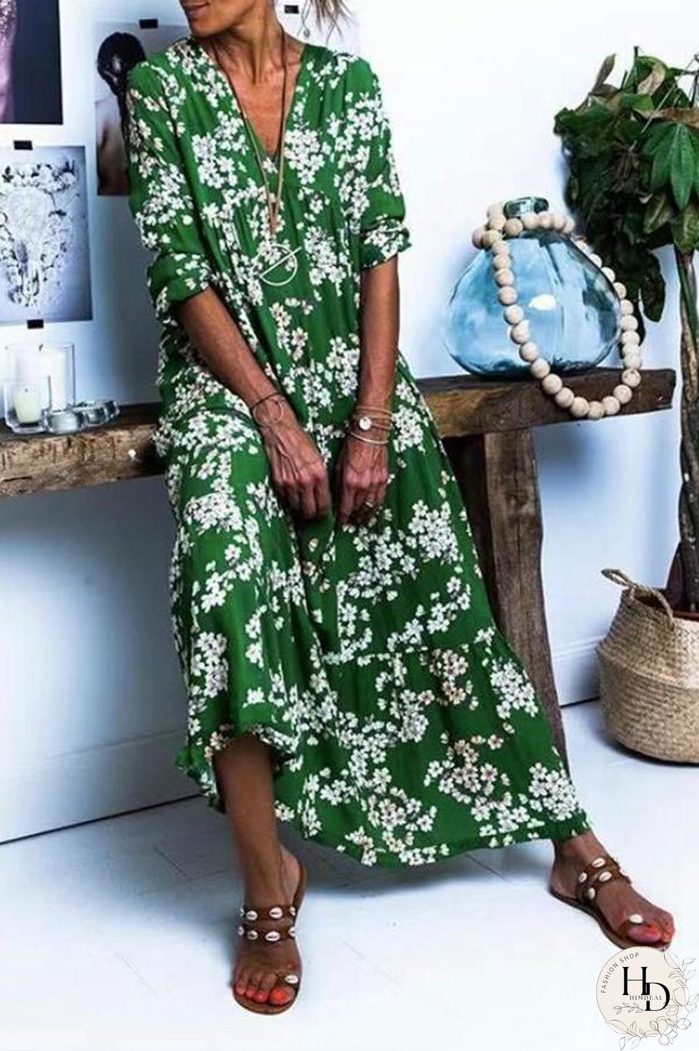 Casual V-Neck Print Boho Maxi Dress P10663
