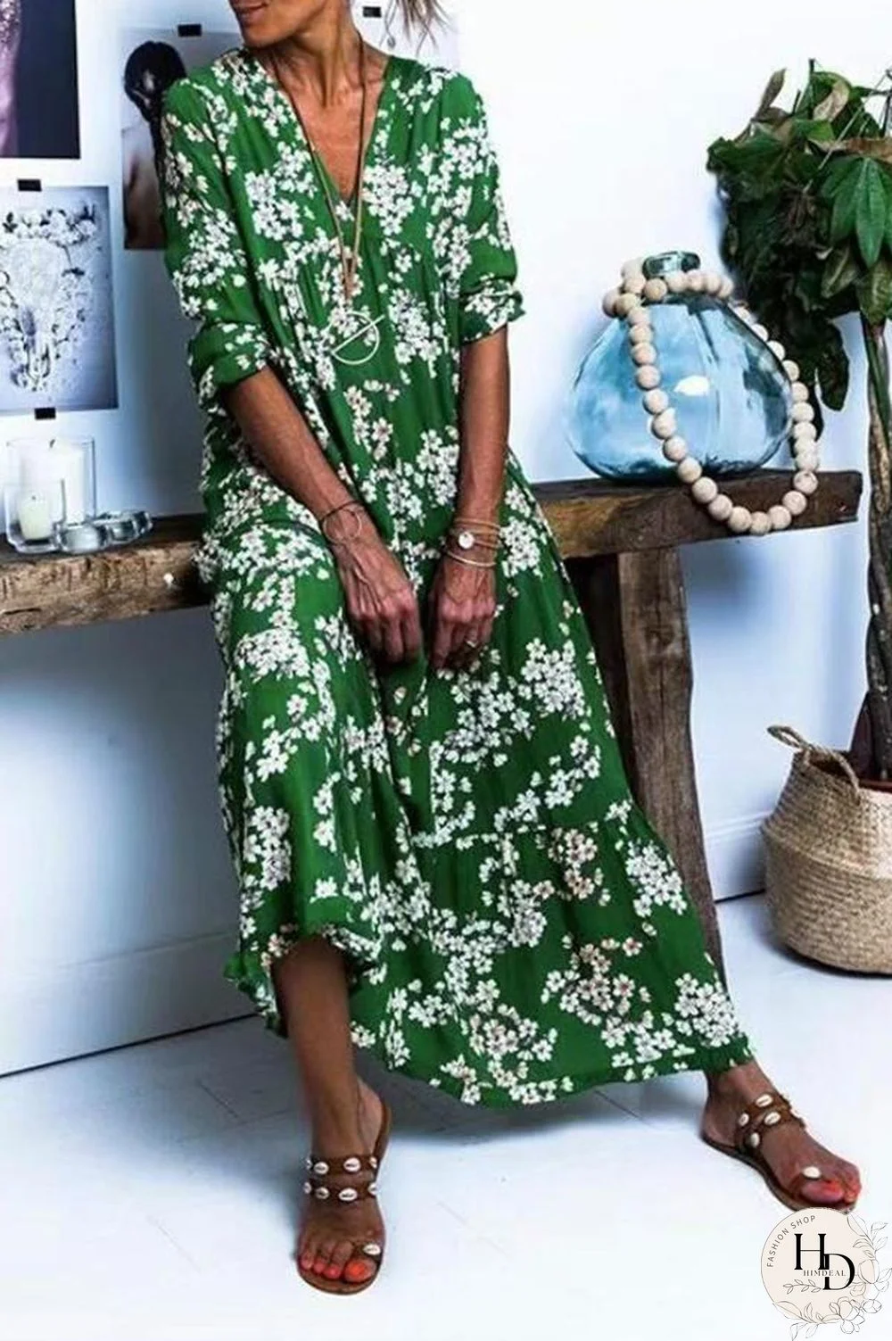 Casual V-Neck Print Boho Maxi Dress P10663
