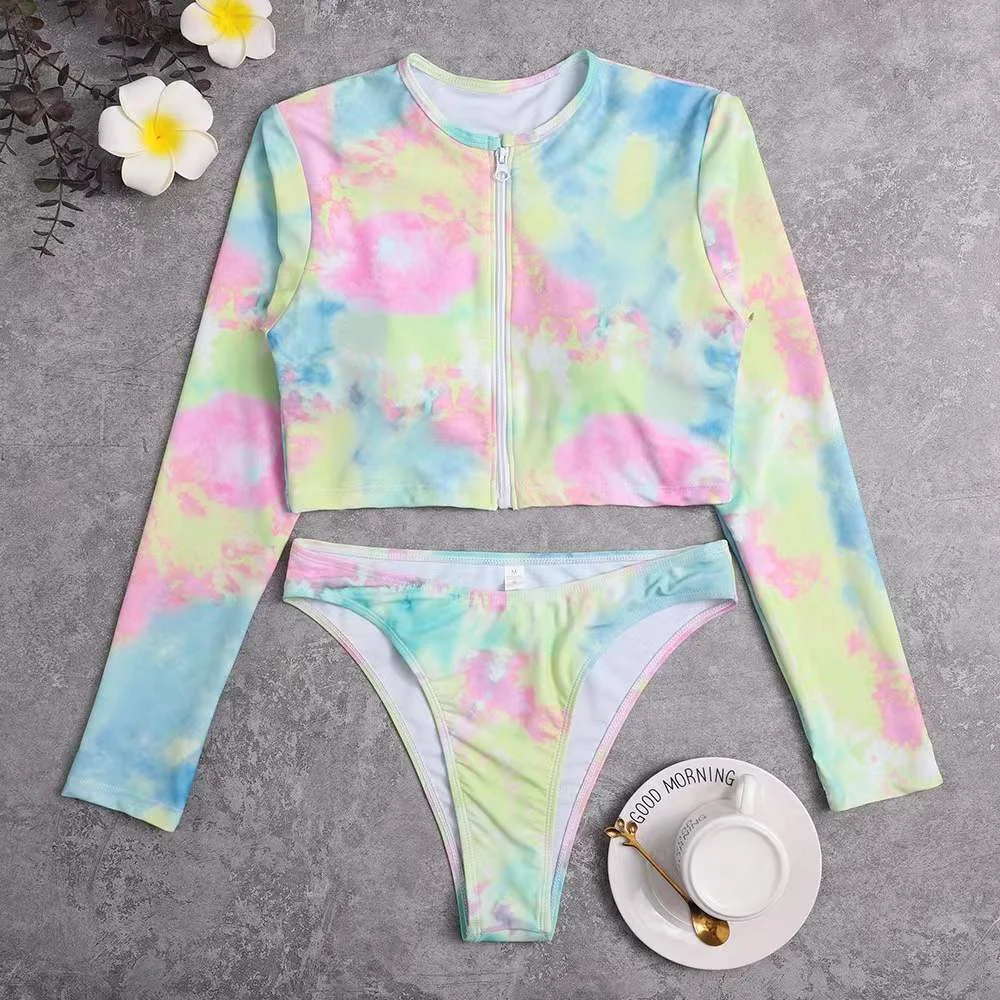 Uveng Uveng New Tie-Dye Multi-Color Print Long Sleeve Split Bikini Swimsuit