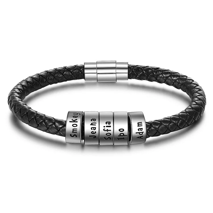 Leather Braided Rope Bracelet For Men Engarved 5 Family Names 5 Sterling Silver Custom Beads Mens Bracelet Black