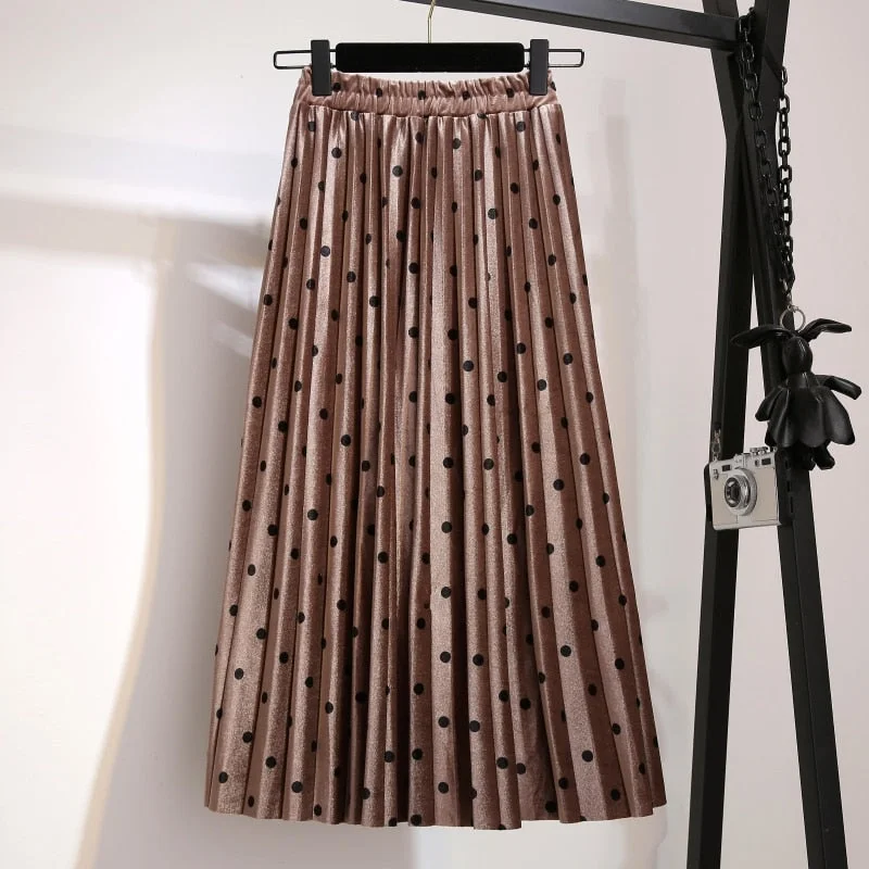 Pleated Skirts Women Spring Autumn Saia Midi High Waist Faldas Mujer Moda Plus Size Jupe Femme Vintage Velvet Dots Ladies Skirt