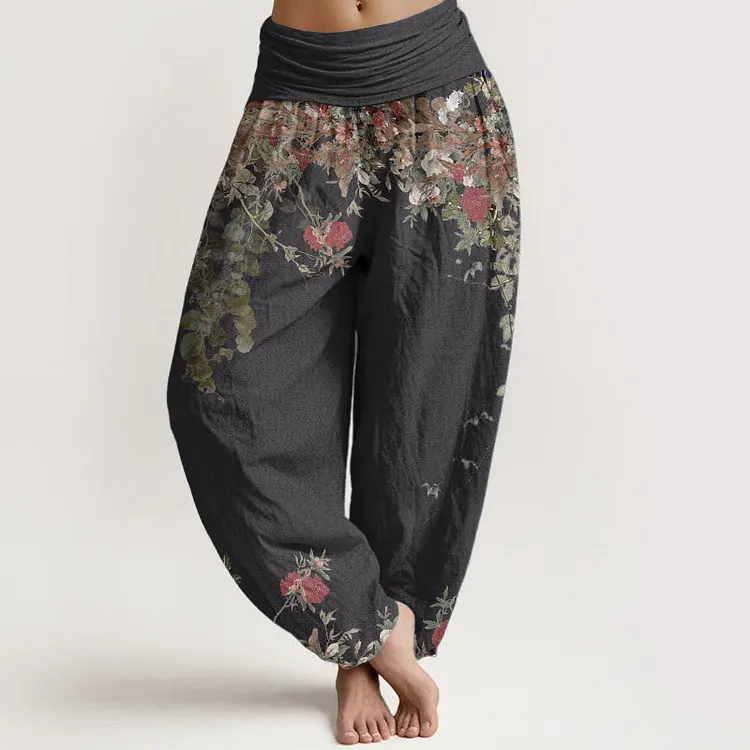 Pure Cotton Casual Red Peony Flower Vine Design Women's Elastic Waist Harem Pants