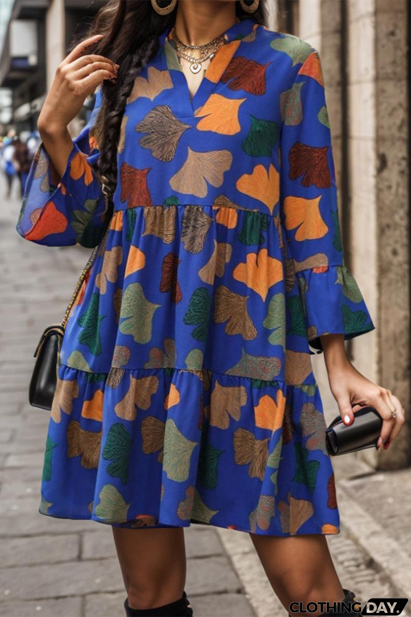 Casual Vintage Print Flounce V Neck Printed Dress Dresses