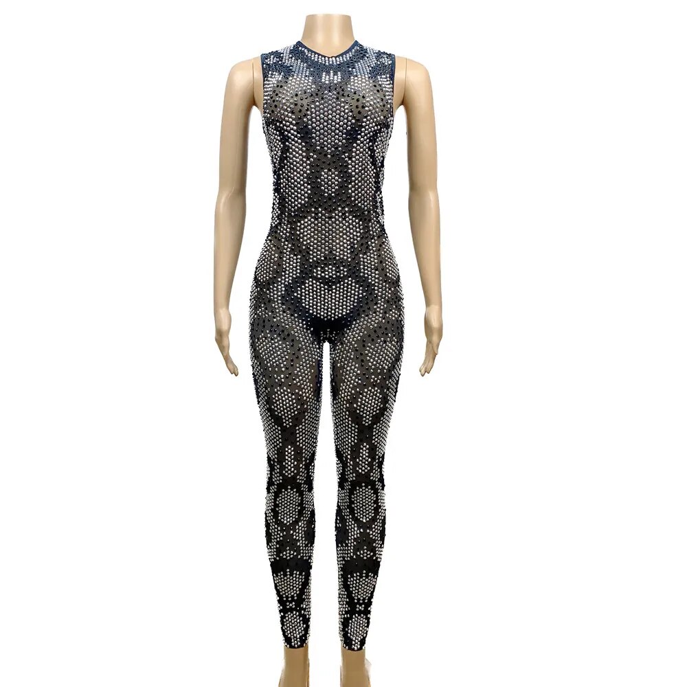 VCSHOES Silver Black Full Rhinestones Elastic Mesh Tight Sleeveless Jumpsuit Women Singer Show Stage Performance Costume
