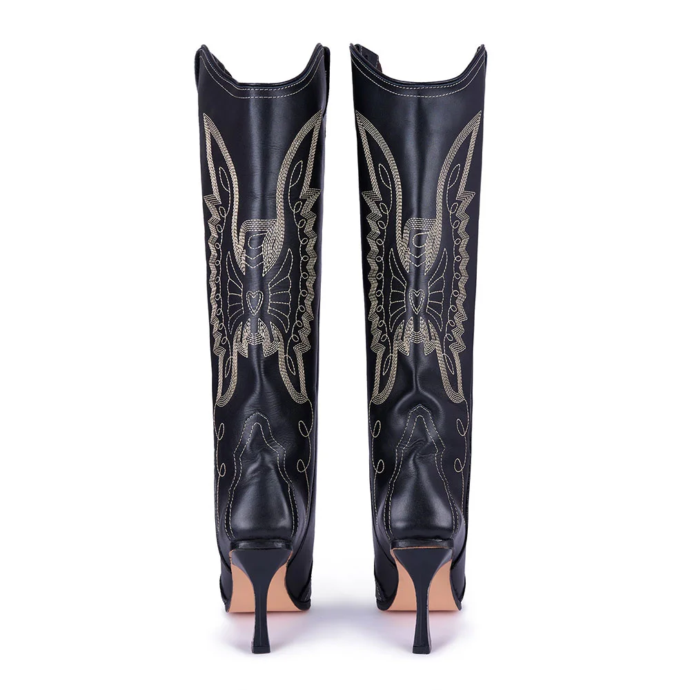 Black Pointed Toe Embroidered Flared Heel Knee-High Cowgirl Boots