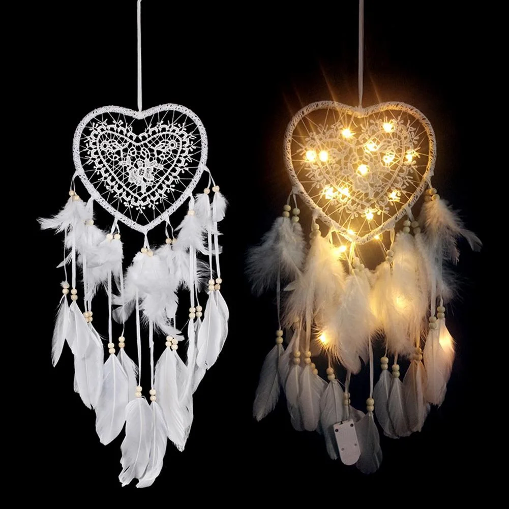 Heart Dream Catcher LED Light Feathers Wall Hanging Dreamcatcher (White)