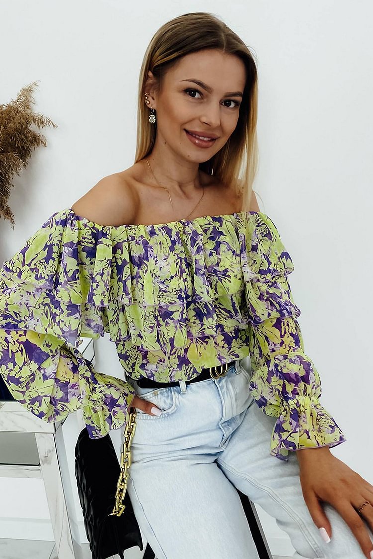 Floral Tiered Ruffle Off Shoulder Long Sleeve Blouses