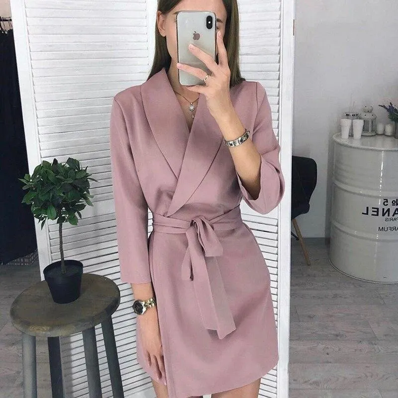 Women Vintage Striped Sashes A-line Party Dress Three Quarter Sleeve Sexy V neck Solid Mini Dress 2019 Winter New Fashion Dress