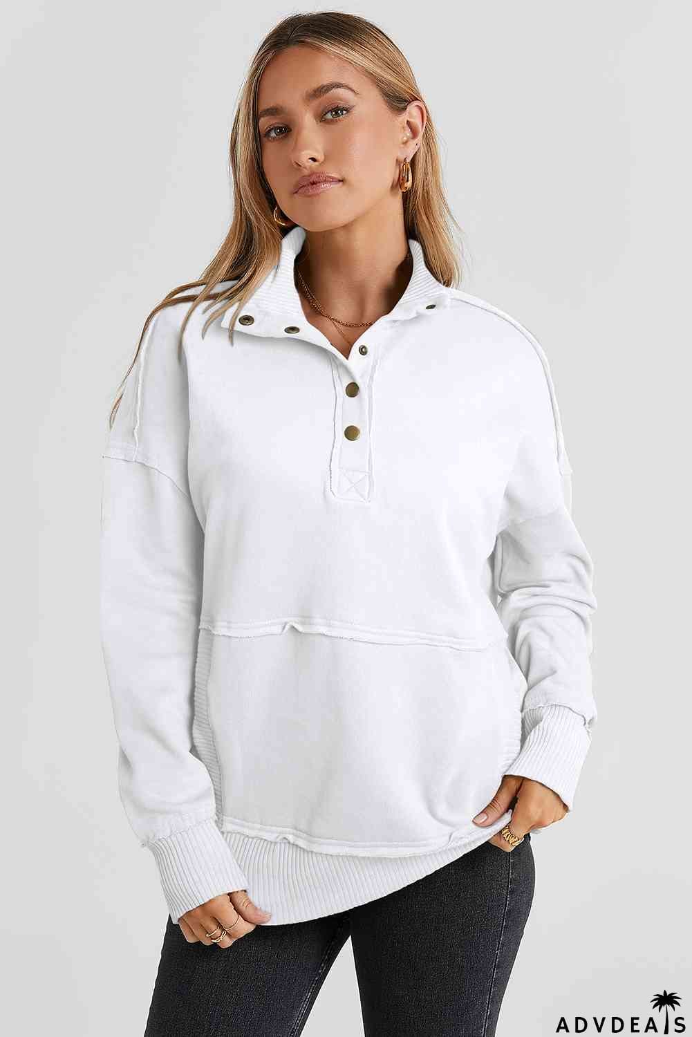 Half Snap Drop Shoulder Long Sleeve Sweatshirt