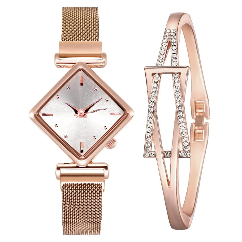 2 PCS Ladies Diamond Dial Quartz Watch, Colour: Rose Gold White + Bracelet