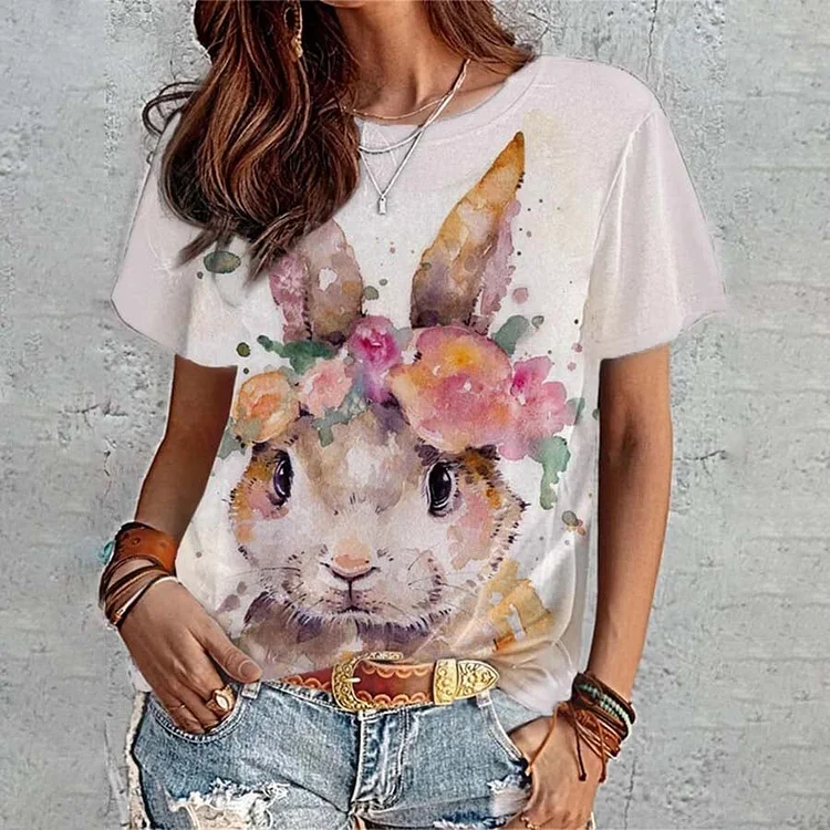 Bunny Floral Print Easter Short Sleeve Casual Top socialshop