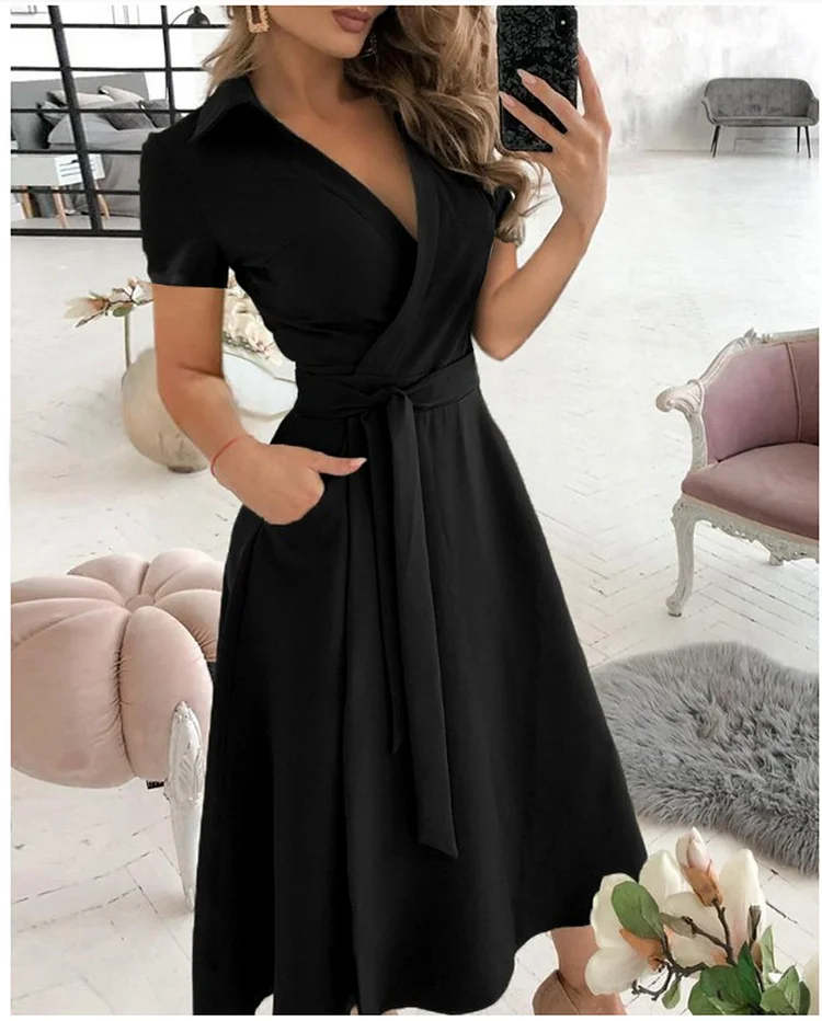 Women's Casual Turn Down Collar Short Sleeve Midi Dress