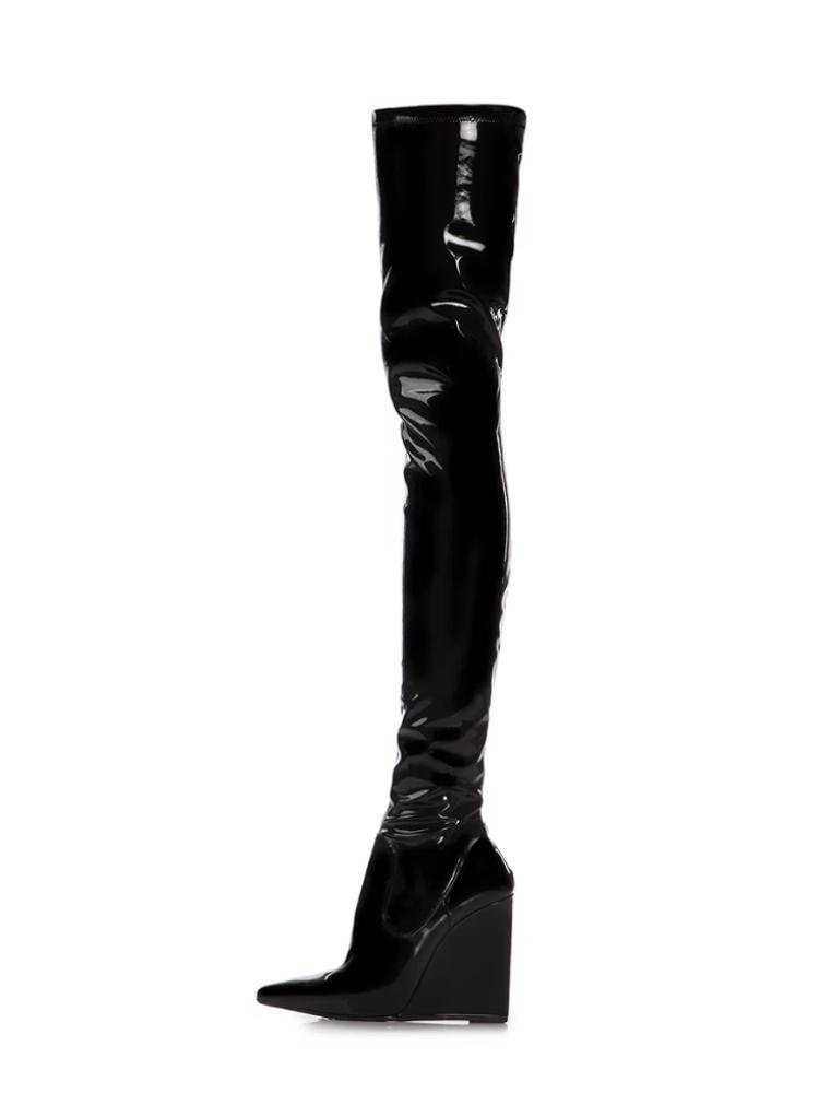 Black Over The Knee Pull On Shiny Elastic Pointed Toe Wedge Heel Boots