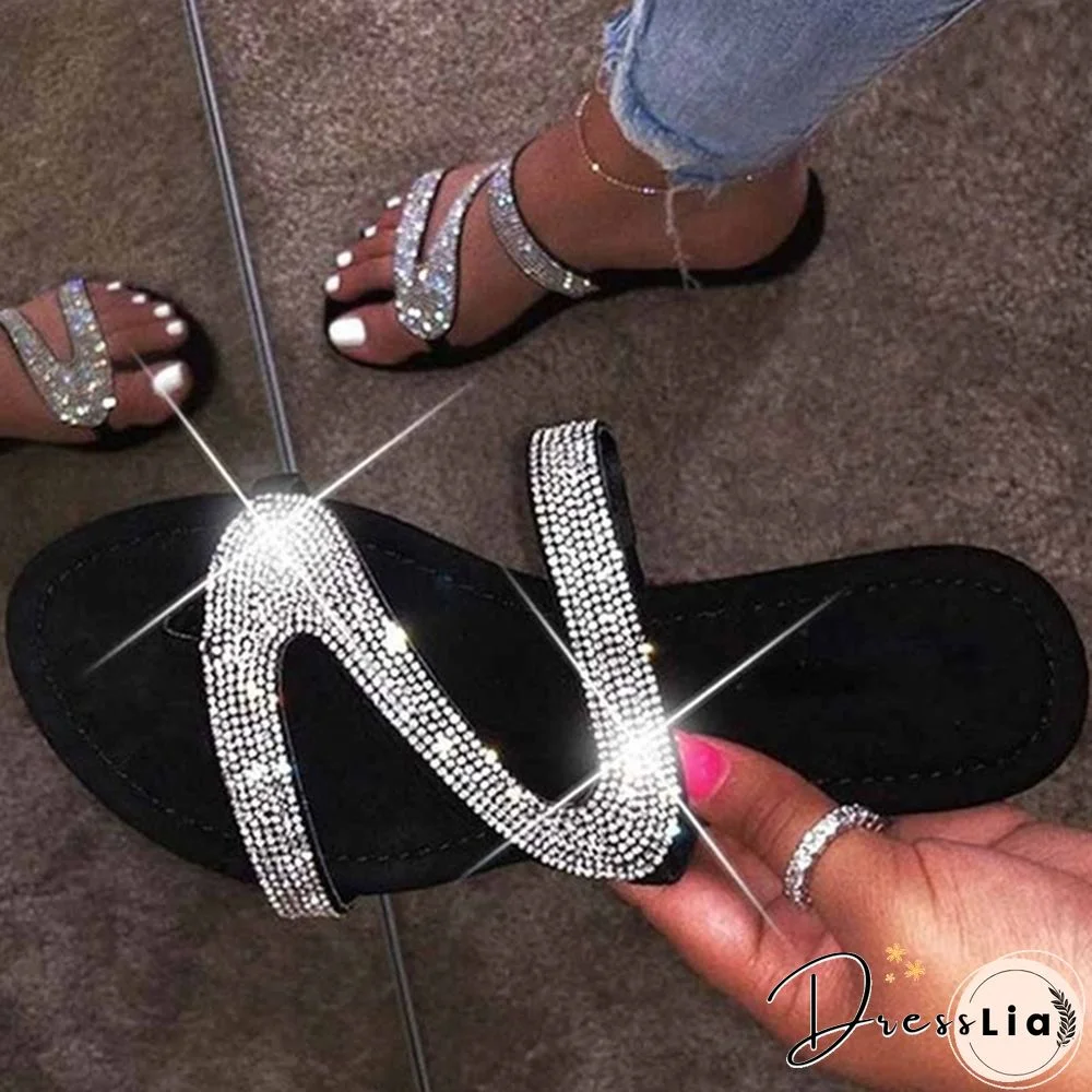 Women Summer Bling Bling Flat Slippers Rhinestone Open Toe Roman Beach Sandals Flip Flops Black Non-Slip Slides
