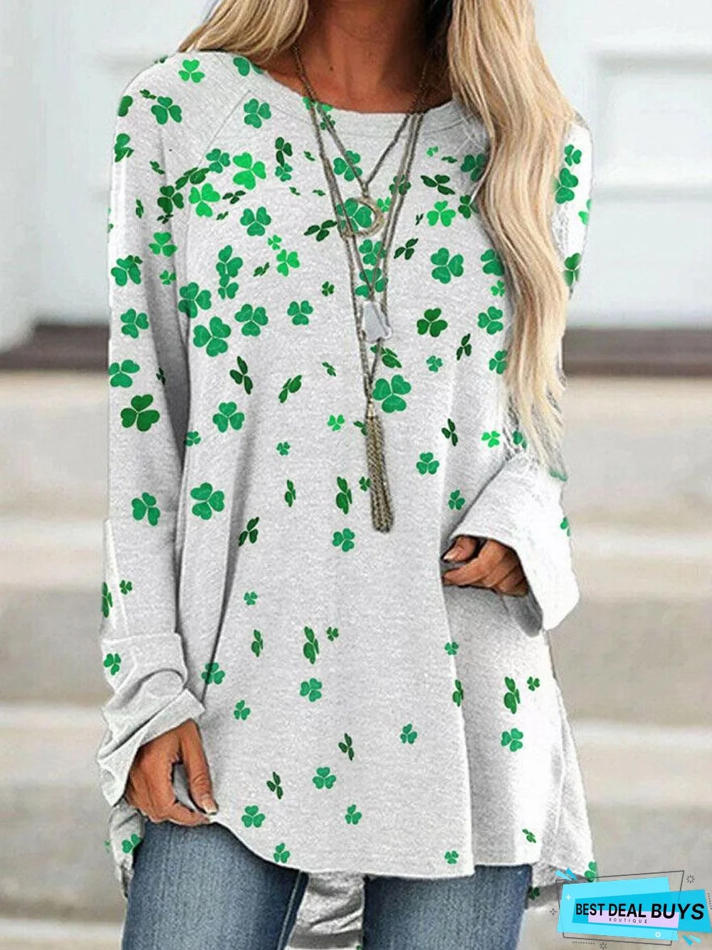 Crew Neck Clover Print Casual Long Sleeve T-shirt