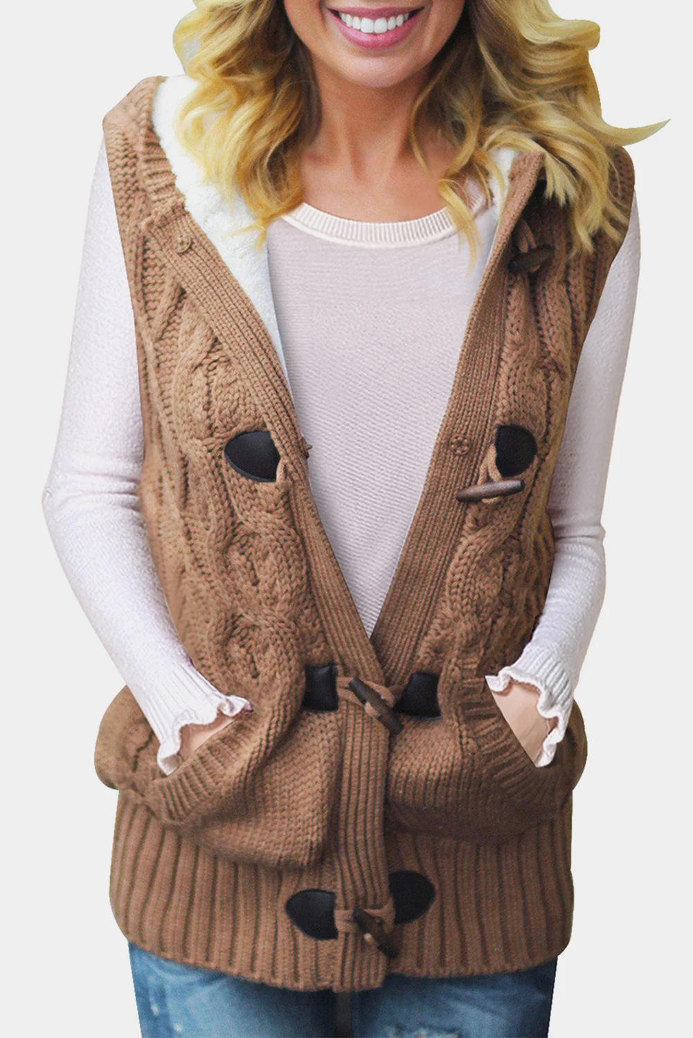 Khaki Cable Knit Hooded Sweater Vest | IFYHOME