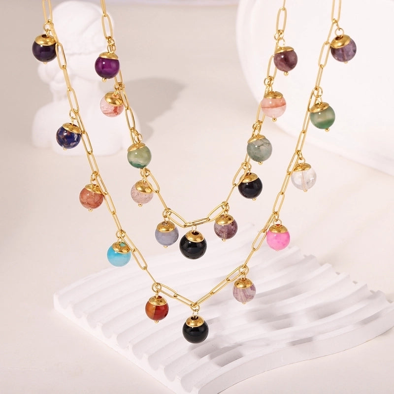 Elegant Round 304 Stainless Steel Natural Stone 18K Gold Plated Plating Inlay Pendant Necklace