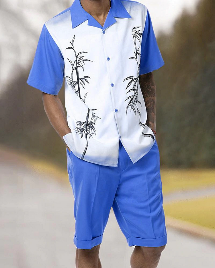 Royal Blue Tropical Print 2 Piece Short Sleeve Walking Suit with Shorts