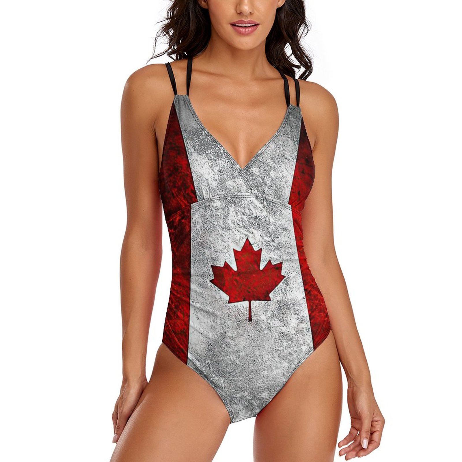 Women's Canada Flag One Piece Deep V Neck Crisscross Back Adjustable Strap Swimsuits