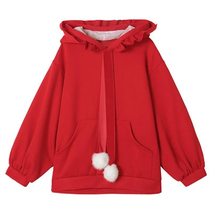 Fuzzy Ball Ruffle Hoodie Sweatshirt - Modakawa Modakawa