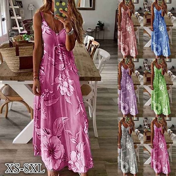 Women Casual Loose Strap Dress Floral Summer Sexy Boho Bow Camis Befree Maxi Dress Plus Sizes Big Large Dresses Robe Femme - BlackFridayBuys