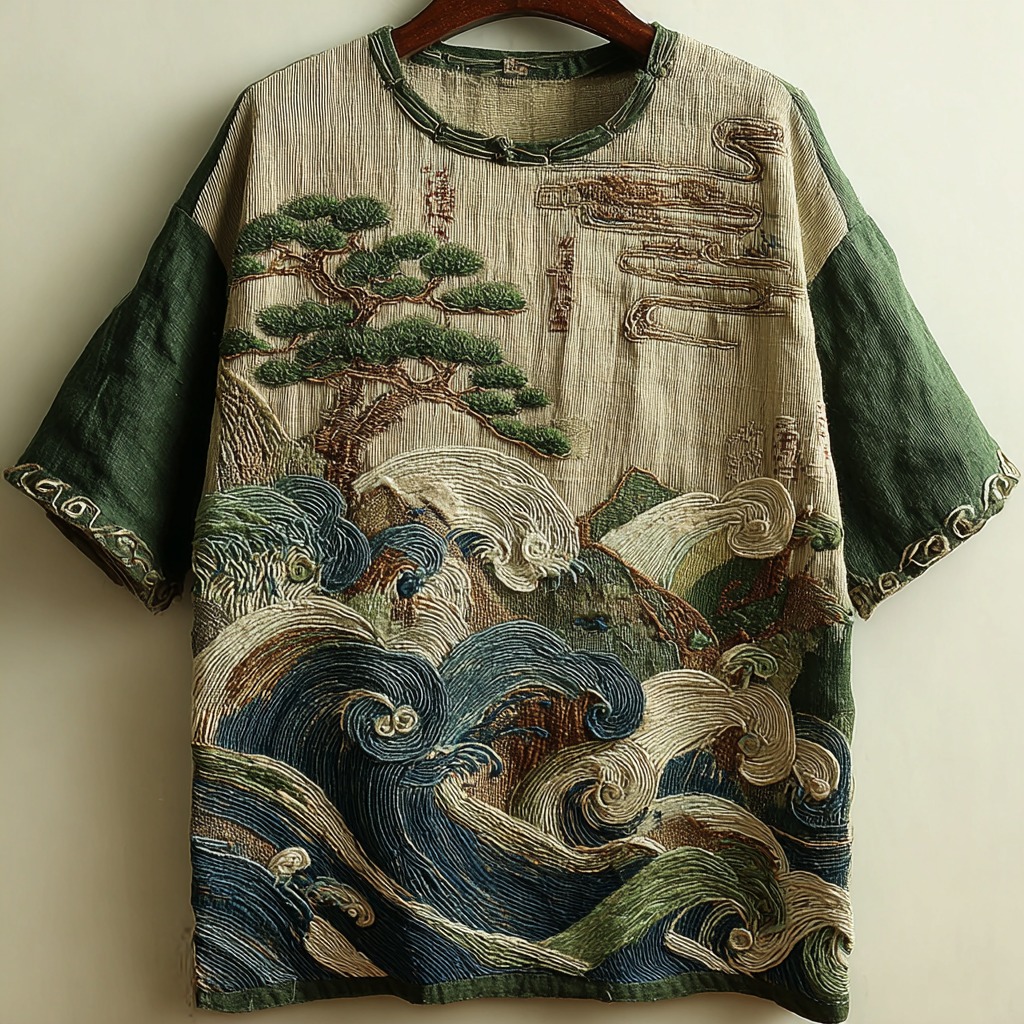 Japanese Pine And Ocean Wave Embroidered Crew Neck Linen Shirt  artssus