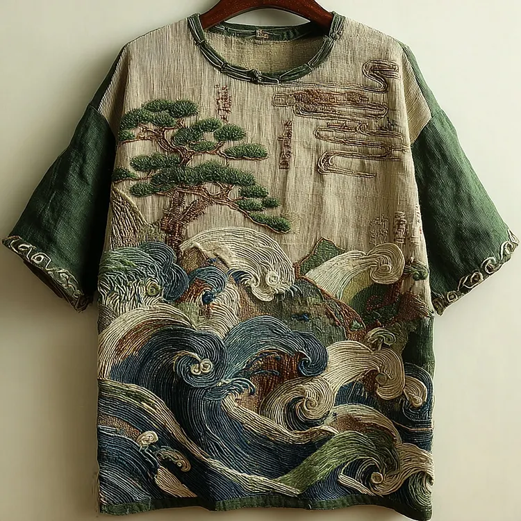 Japanese Pine And Ocean Wave Embroidered Crew Neck Linen Shirt