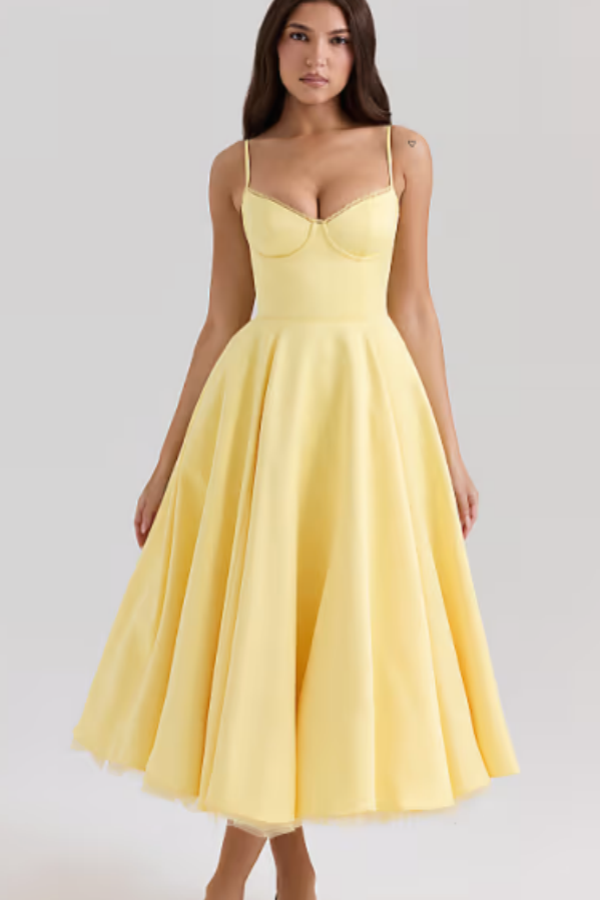 Lovely Yellow Spaghetti-Straps Sleeveless Pleated A-Line Prom Dress YK0080
