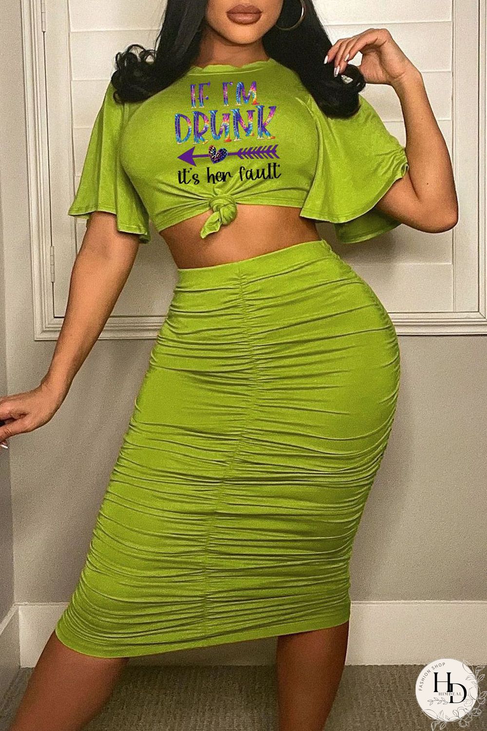 Rose Red Fashion Casual Letter Print Fold O Neck Short Sleeve Two Pieces