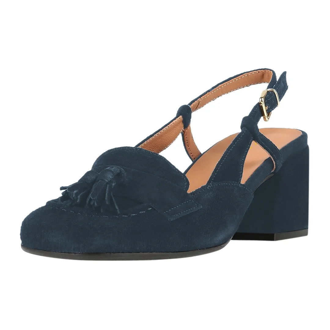 Vegan Suede Square Toe Buckle Tassel Slingback Women's Loafers in Navy
