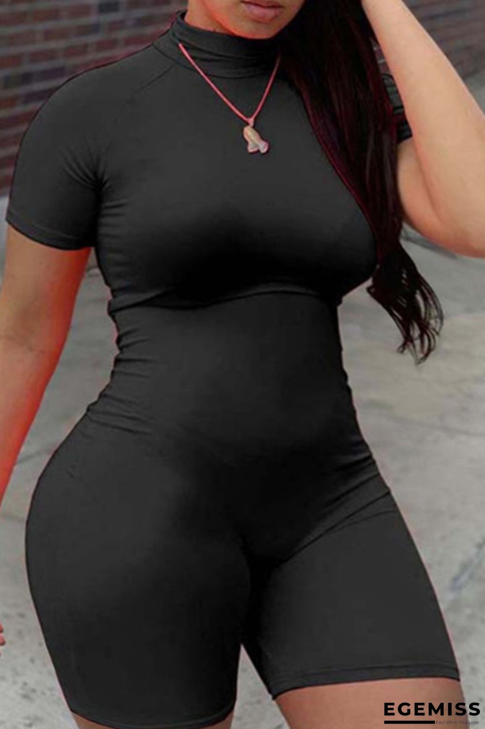 Black Fashion Casual Solid Patchwork Basic Turtleneck Skinny Romper | EGEMISS