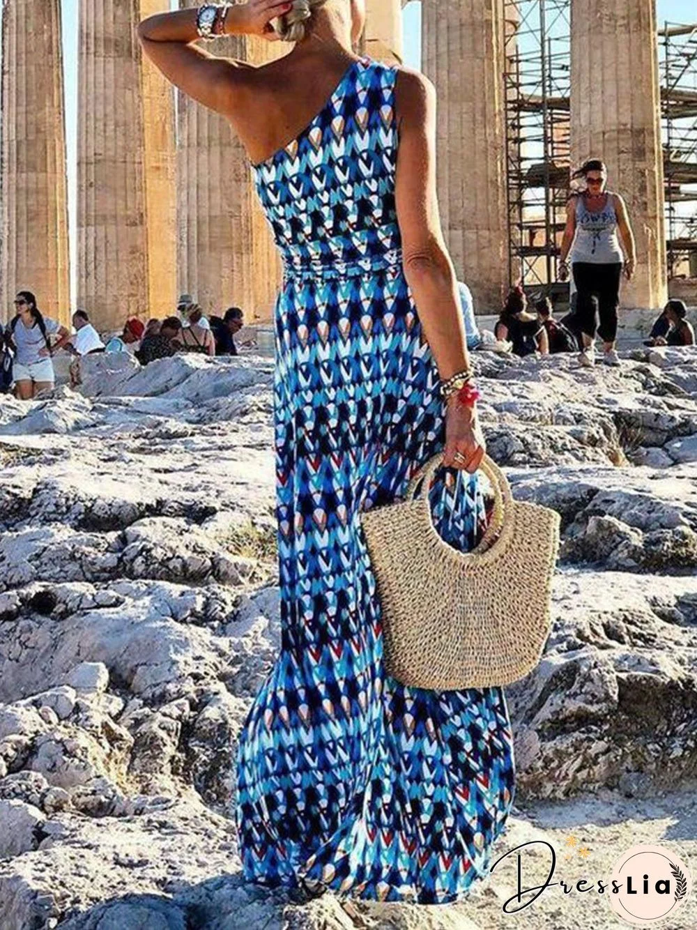 Fashion Floral Printed One Shoulder Maxi Dress P11564