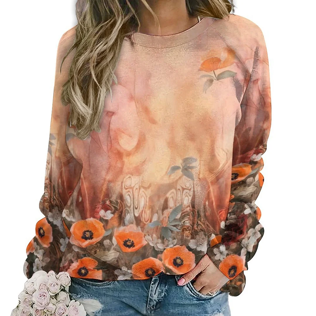 Printed Long Sleeve Casual Sweatshirt for  Women and Men Unisex Pattern Floral, Orange
