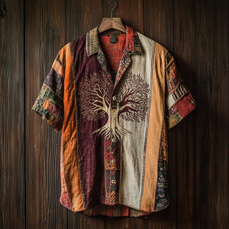 Men's Tribal Ethnic Tree Of Life Patchwork Contrast Shirt