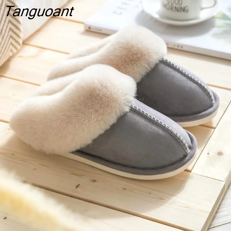 Tanguoant Winter Warm Home Warm Fur Slippers Women Luxury Faux Suede Plush Couple Cotton Shoes Indoor Bedroom Heels Fluffy Slippers