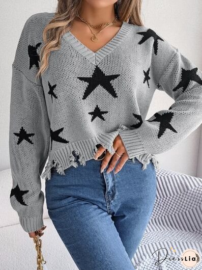 Star Pattern Distressed V-Neck Cropped Sweater