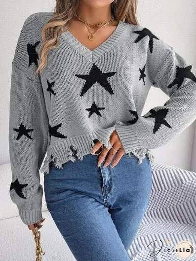 Star Pattern Distressed V-Neck Cropped Sweater
