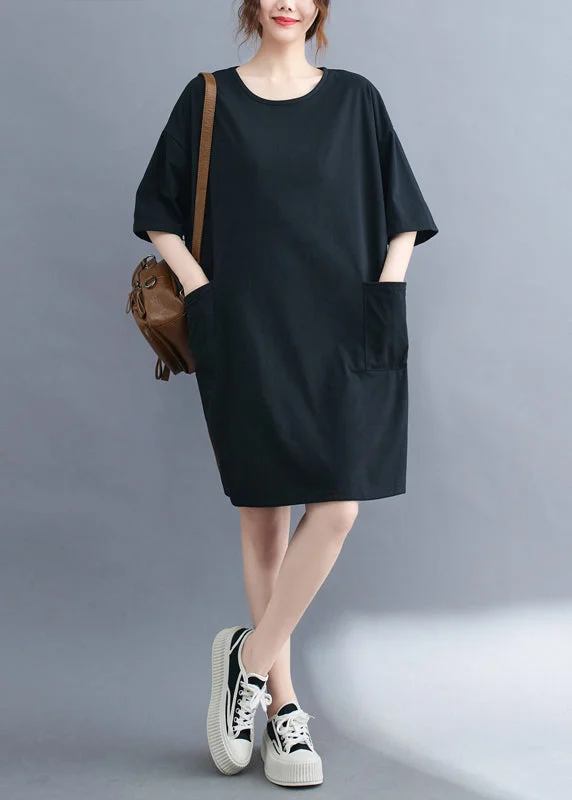 Classy Black Oversized Pockets Cotton Mid Dress Summer