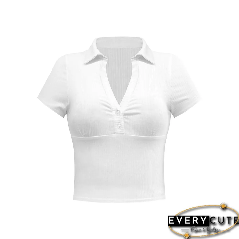 White Rib Turndown Collar V Neck Short Sleeve Tops
