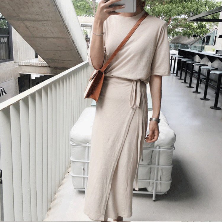Anna Xia Leisure Hong Kong Style Sheath Cotton And Linen Knitted Lace-up Mid-length Dress