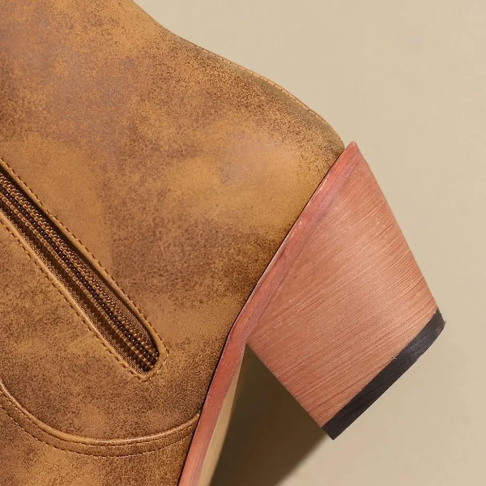 Women's Distressed Mid Block Heel Snip Toe Tan Cowgirl Boots