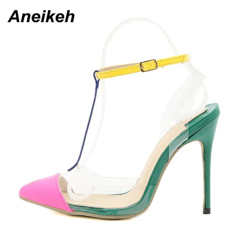 Aneikeh 2021 Fashion PVC Women's Pumps Ladies Shoes Pointed Toe T-Tied Mixed Colors Thin Heels Gladiator Sexy Slingbacks Party