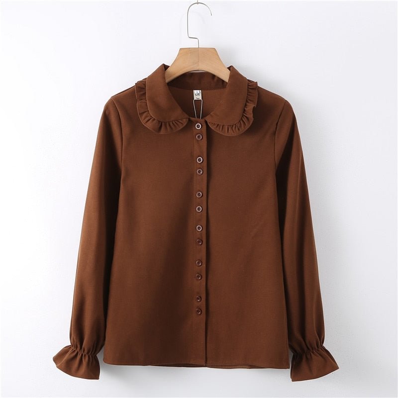 New Arrival Solid Peter pan Ruched Collar White Shirt Lantern Sleeve Button Up Casual Brown Sweet Blouse Feminina Blusa T99025F