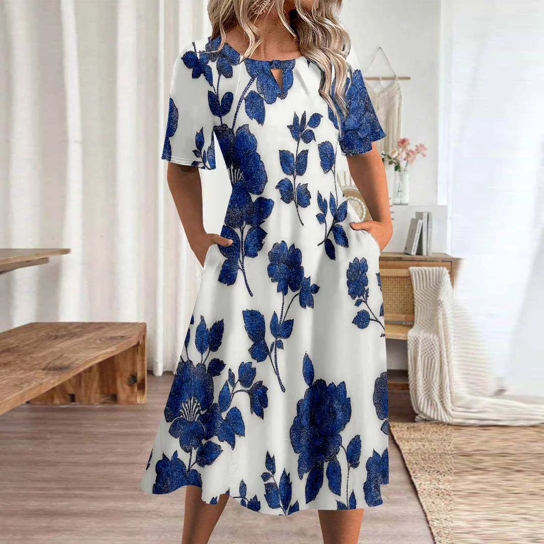 Women Floral,Blue DZHA8053 Short Sleeve Scoop Neck Graphic Printed Hollow Midi Dress